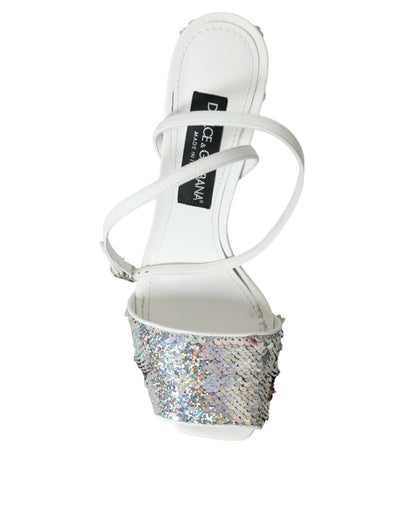 Dolce &amp; Gabbana White Silver Sequin Ankle Strap Sandals Shoes