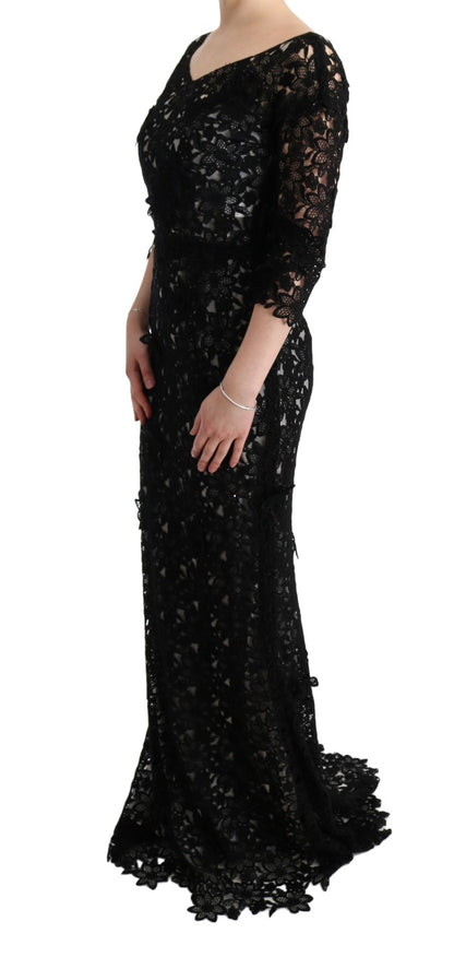 Dolce &amp; Gabbana Elegant Black Maxi Shift Dress with Floral Applique