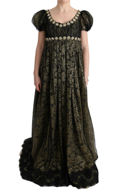 Dolce &amp; Gabbana Sunflower Lace Crystal Maxi Shift Dress