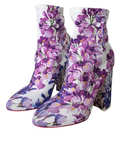 Dolce &amp; Gabbana White Floral Jersey Stretch Boots Shoes