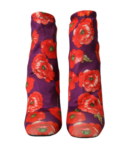 Dolce &amp; Gabbana Purple Floral Jersey Stretch Boots Shoes