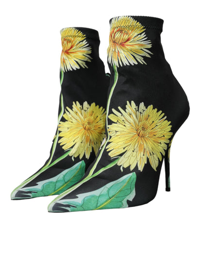 Dolce &amp; Gabbana Black Floral Jersey Stretch Ankle Boots Shoes