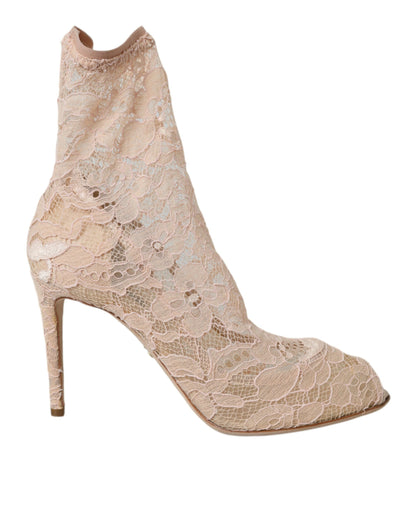 Dolce &amp; Gabbana Beige Stretch Taormina Lace Boots Shoes