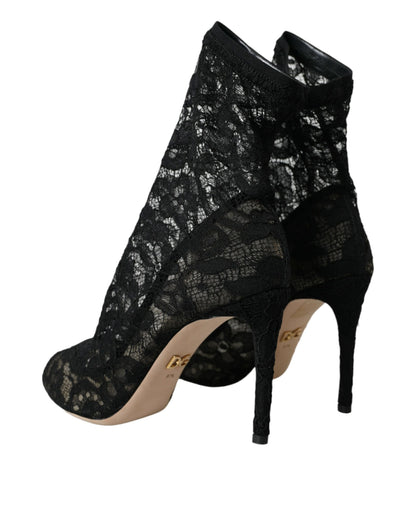 Dolce &amp; Gabbana Black Stretch Taormina Lace Boots Shoes