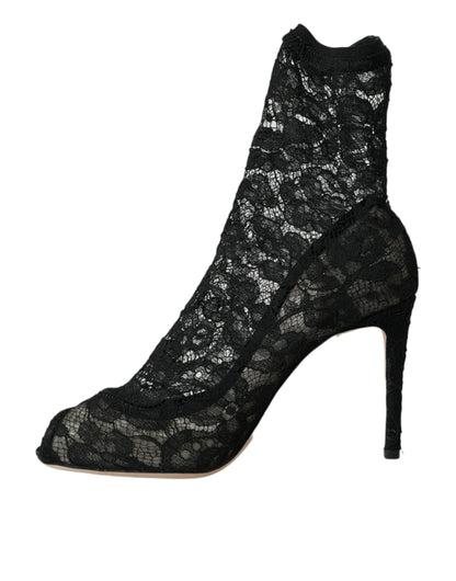 Dolce &amp; Gabbana Black Stretch Taormina Lace Boots Shoes