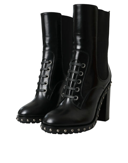 Dolce &amp; Gabbana Black Leather Studded Lace Up Boots Shoes