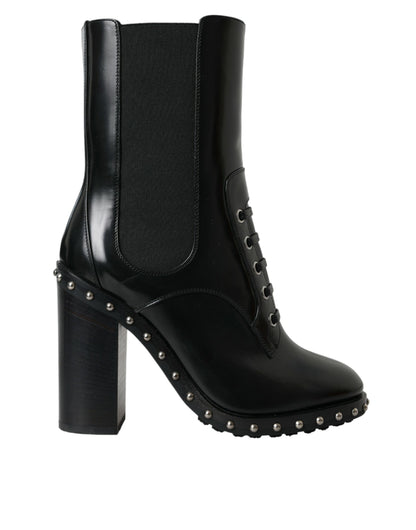 Dolce &amp; Gabbana Black Leather Studded Lace Up Boots Shoes