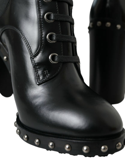 Dolce &amp; Gabbana Black Leather Studded Lace Up Boots Shoes