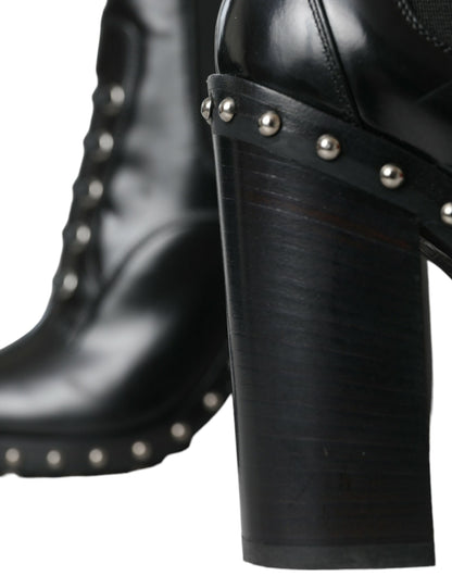 Dolce &amp; Gabbana Black Leather Studded Lace Up Boots Shoes