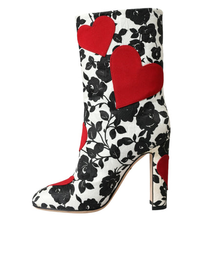 Dolce &amp; Gabbana White Floral Hearts Leather High Boots Shoes