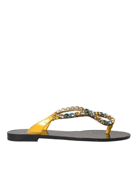 Dolce &amp; Gabbana Mustard Crystal Calf Leather Beachwear Shoes