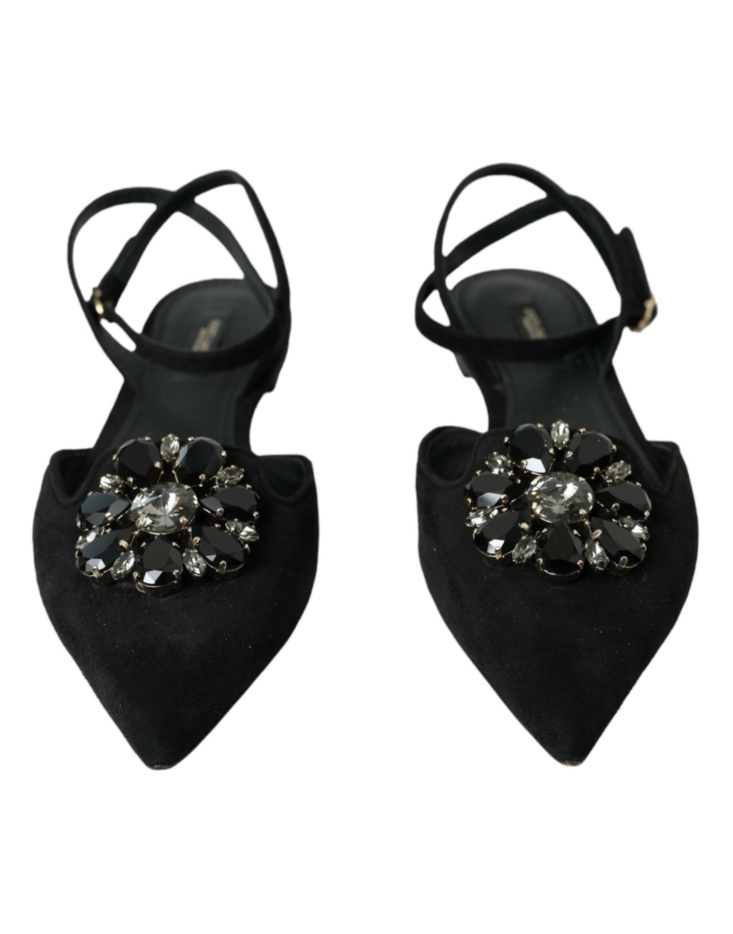 Dolce &amp; Gabbana Black Leather Crystal Slingback Sandals Shoes