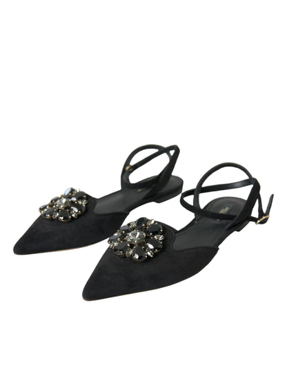 Dolce &amp; Gabbana Black Leather Crystal Slingback Sandals Shoes