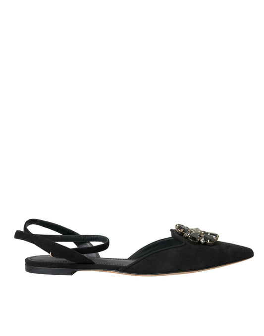 Dolce &amp; Gabbana Black Leather Crystal Slingback Sandals Shoes