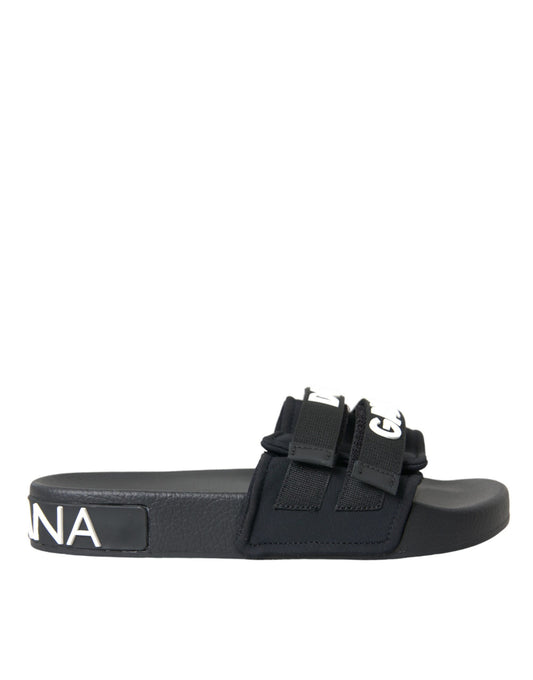 Dolce &amp; Gabbana Black Neoprene Slides Flats Beachwear Shoes