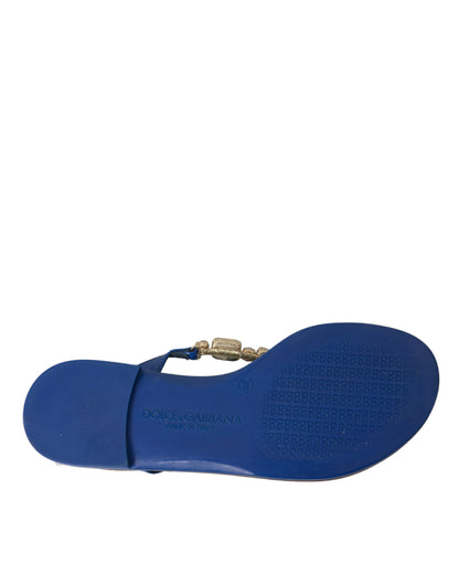 Dolce &amp; Gabbana Blue Crystal Calf Leather Beachwear Shoes