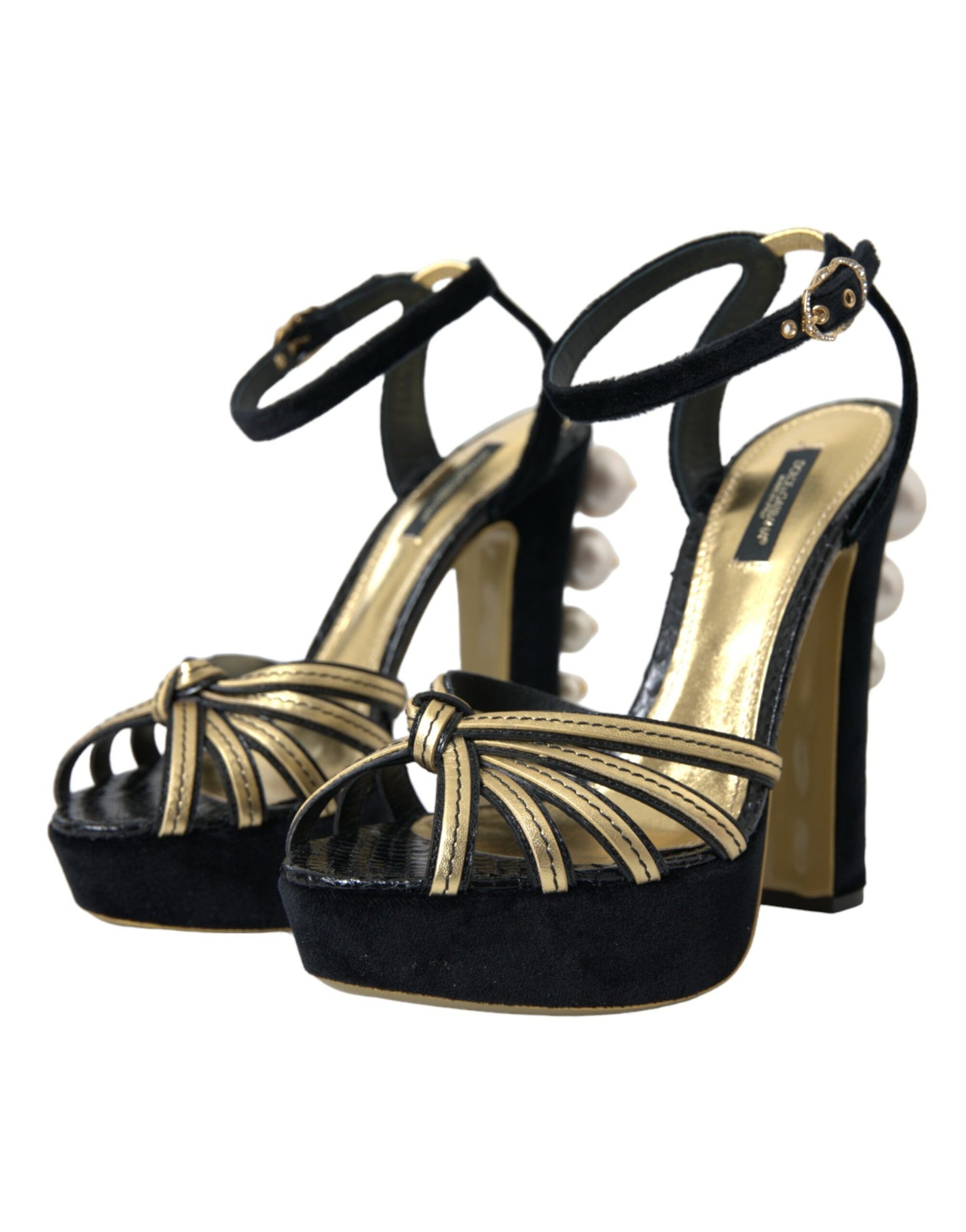 Dolce &amp; Gabbana Black Gold Embellished Heels Sandals Shoes