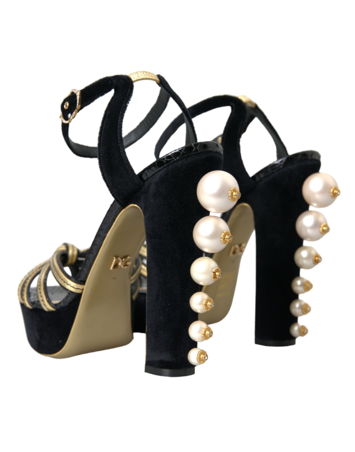 Dolce &amp; Gabbana Black Gold Embellished Heels Sandals Shoes