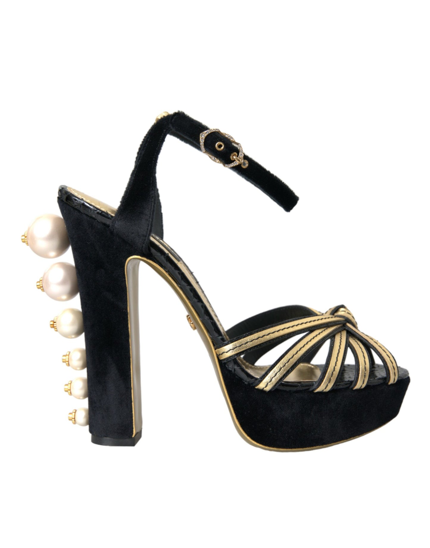 Dolce &amp; Gabbana Black Gold Embellished Heels Sandals Shoes