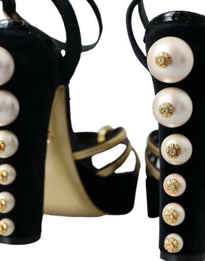 Dolce &amp; Gabbana Black Gold Embellished Heels Sandals Shoes