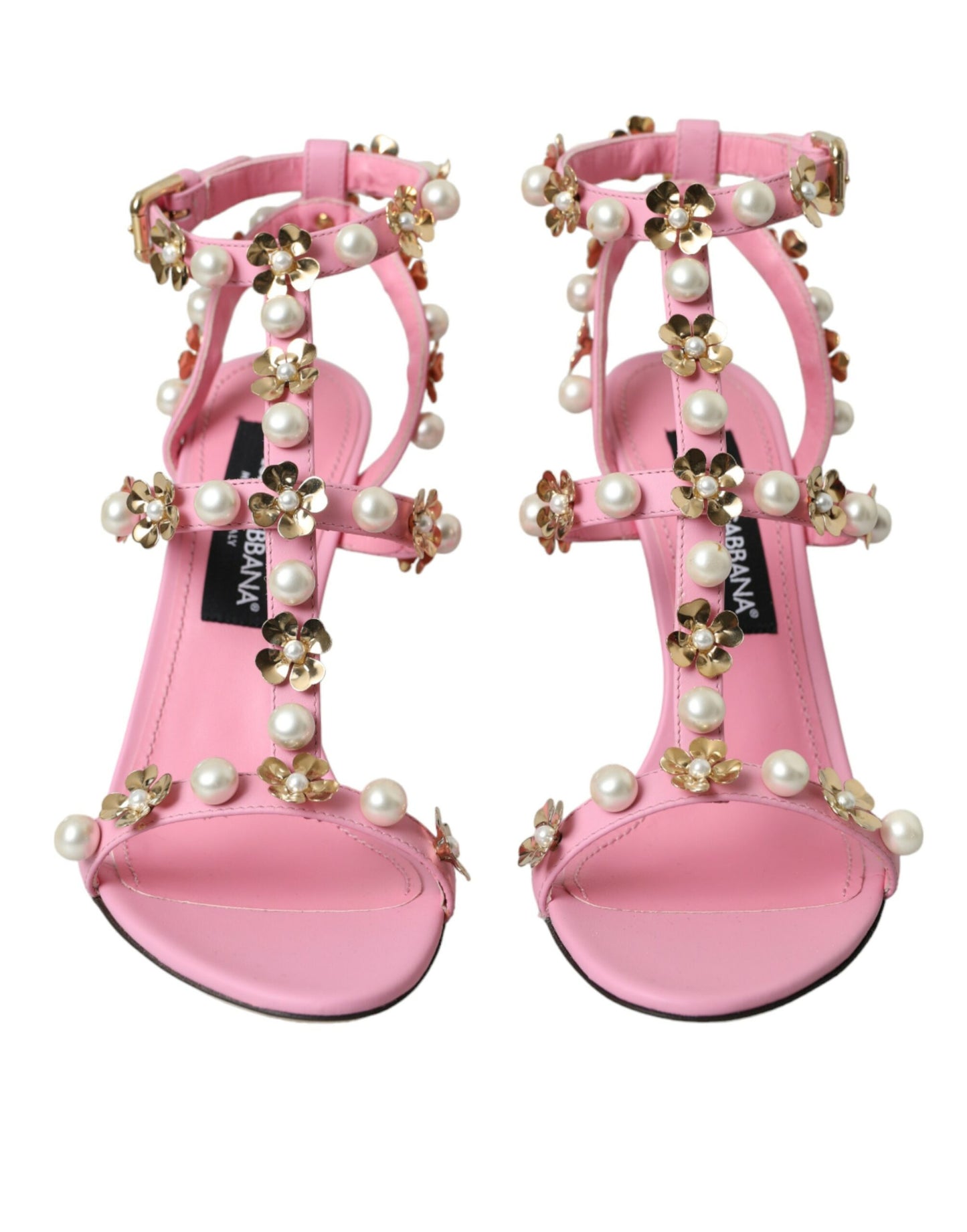 Dolce &amp; Gabbana Pink Leather Embellished Heels Sandals Shoes