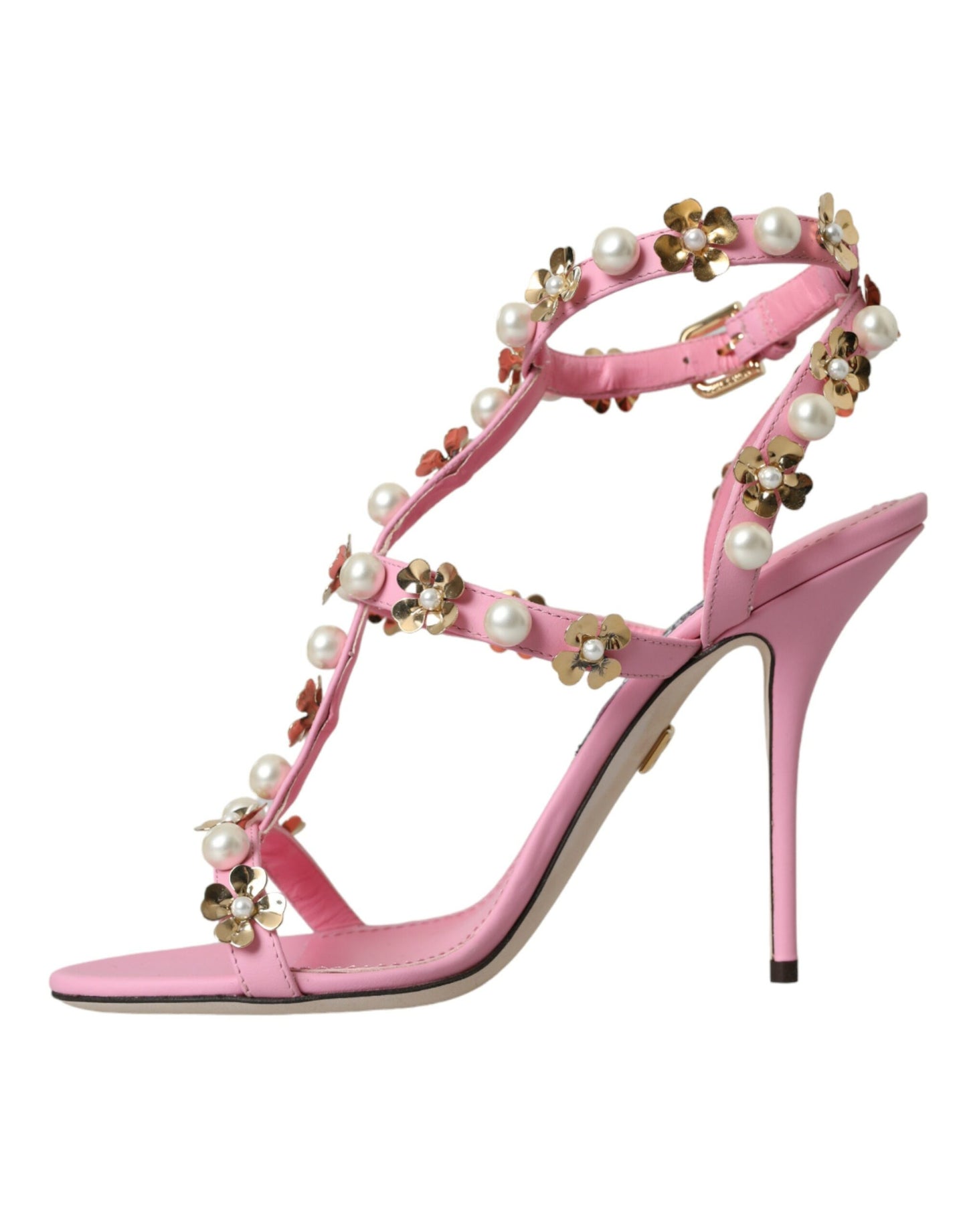 Dolce &amp; Gabbana Pink Leather Embellished Heels Sandals Shoes