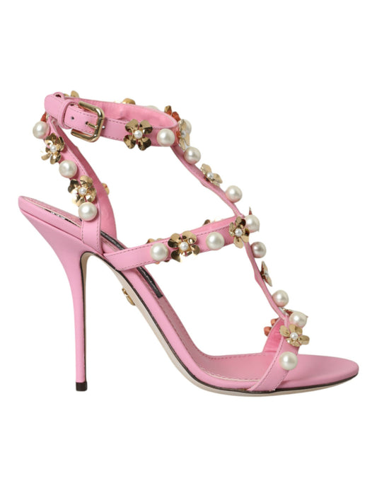 Dolce &amp; Gabbana Pink Leather Embellished Heels Sandals Shoes