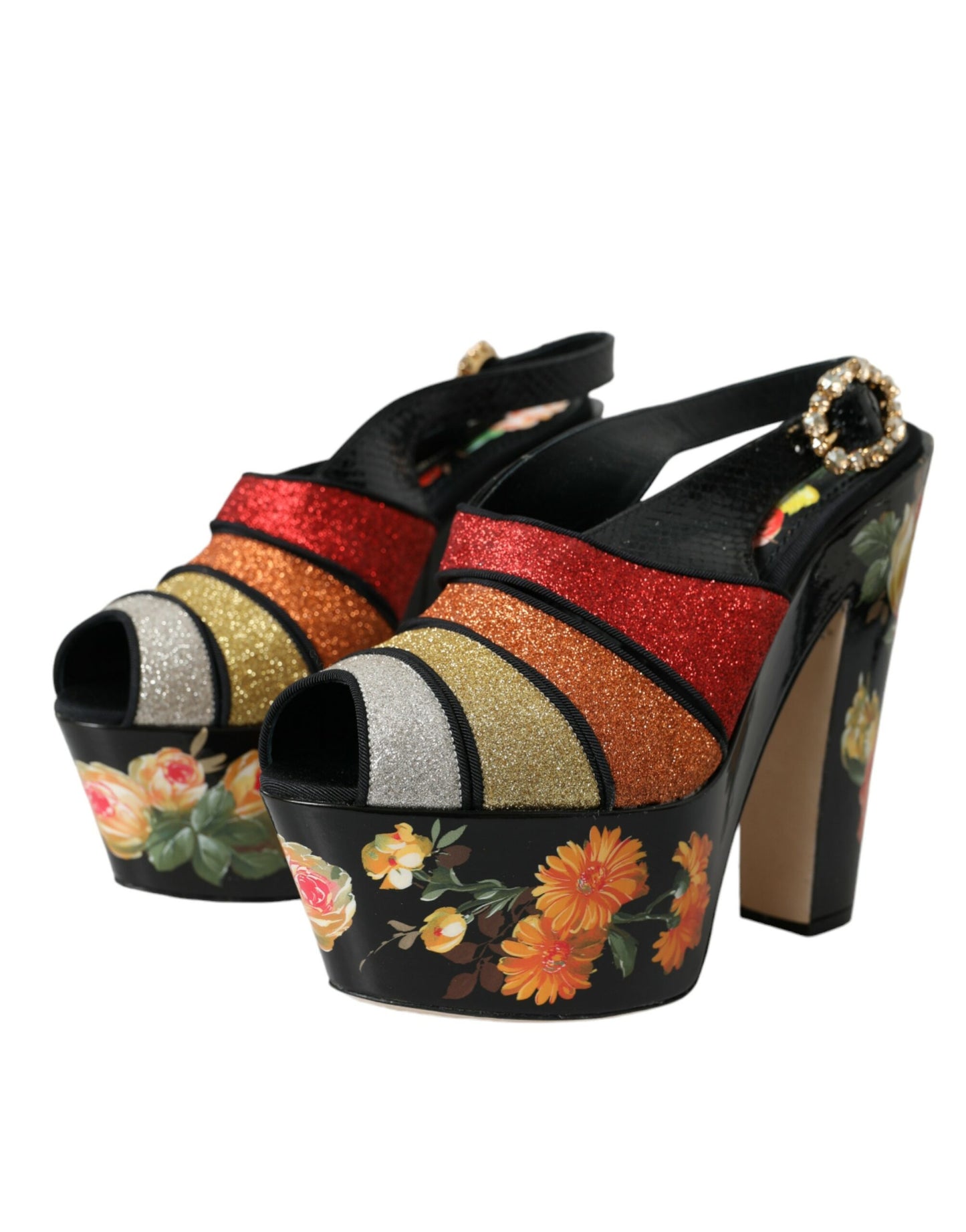 Dolce &amp; Gabbana Multicolor Floral Crystal Platform Sandals Shoes