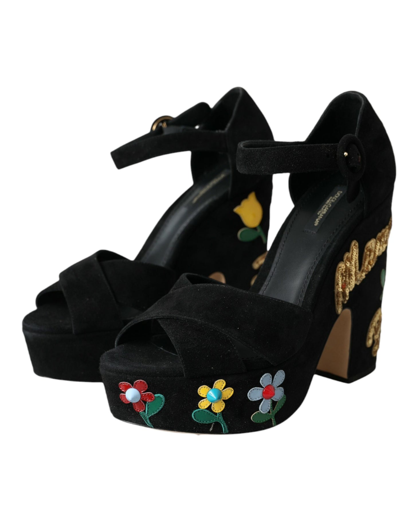 Dolce &amp; Gabbana Black Floral Ankle Strap Heels Sandals Shoes