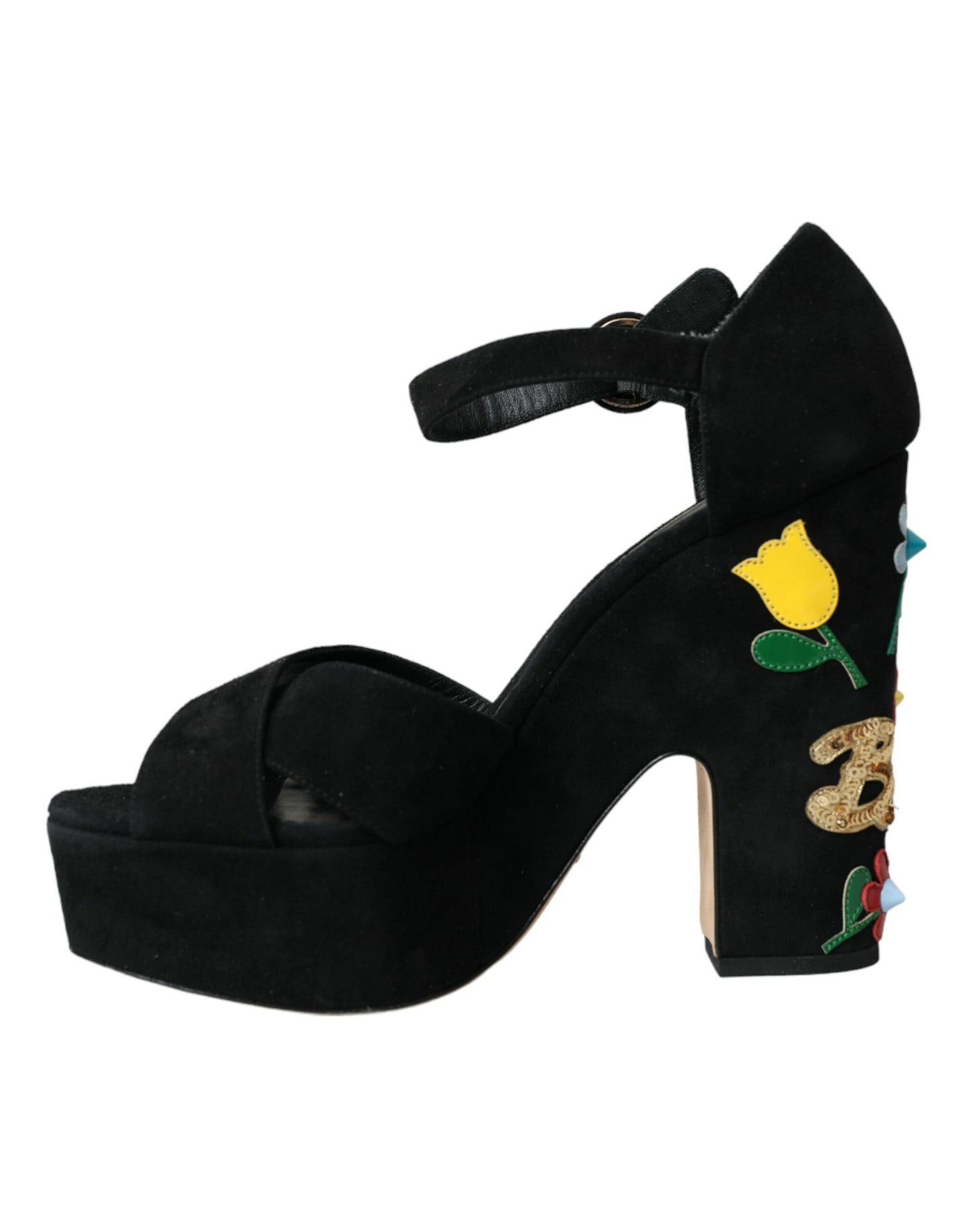 Dolce &amp; Gabbana Black Floral Ankle Strap Heels Sandals Shoes