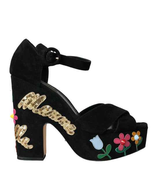 Dolce &amp; Gabbana Black Floral Ankle Strap Heels Sandals Shoes