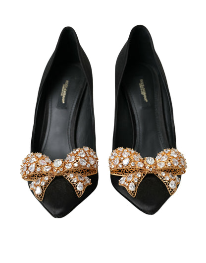 Dolce &amp; Gabbana Black Satin Bow Crystal Heels Pumps Shoes