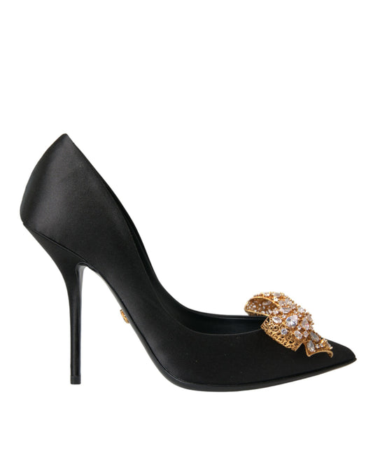 Dolce &amp; Gabbana Black Satin Bow Crystal Heels Pumps Shoes