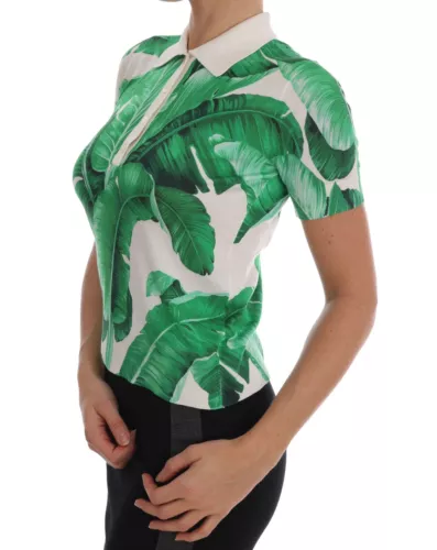 Dolce &amp; Gabbana Green Banana Print Silk Polo T-shirt