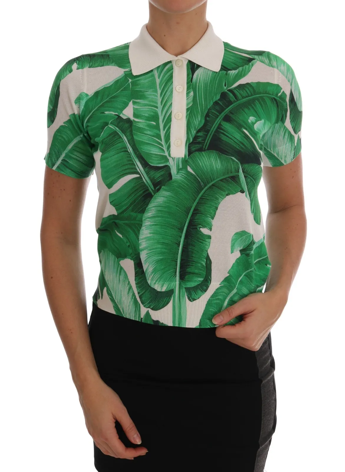 Dolce &amp; Gabbana Green Banana Print Silk Polo T-shirt