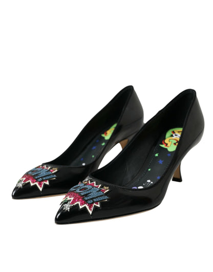 Dolce &amp; Gabbana Black Leather BOOM Patch Heels Pumps Shoes