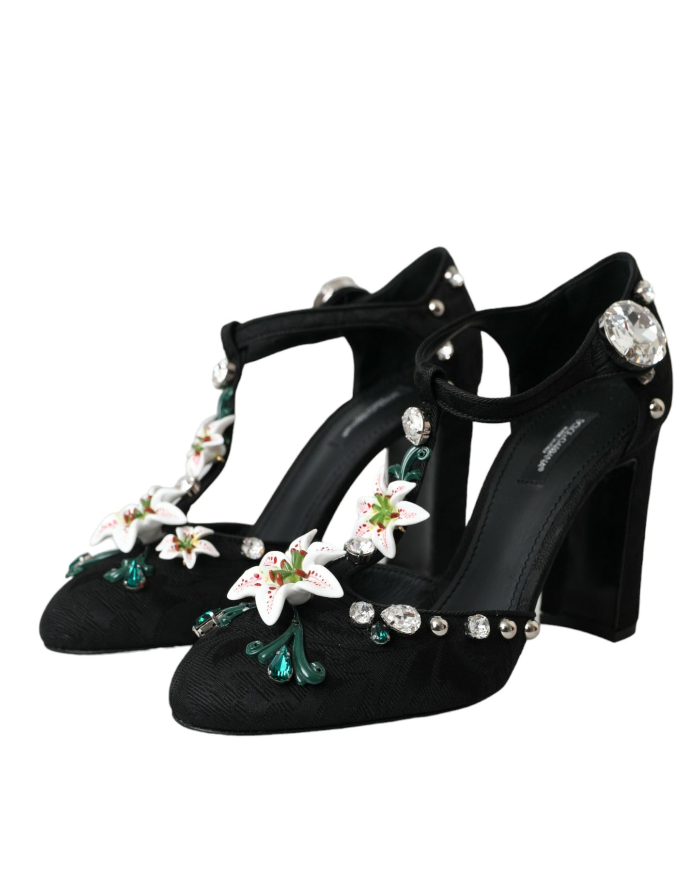 Dolce &amp; Gabbana Black Lilies Crystal Heels Pumps Shoes