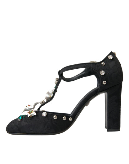 Dolce &amp; Gabbana Black Lilies Crystal Heels Pumps Shoes