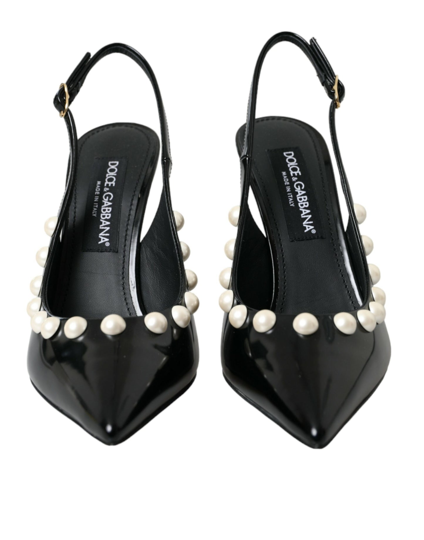 Dolce &amp; Gabbana Black Leather Faux Pearl Heel Slingback Shoes