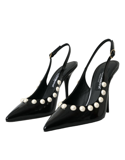 Dolce &amp; Gabbana Black Leather Faux Pearl Heel Slingback Shoes