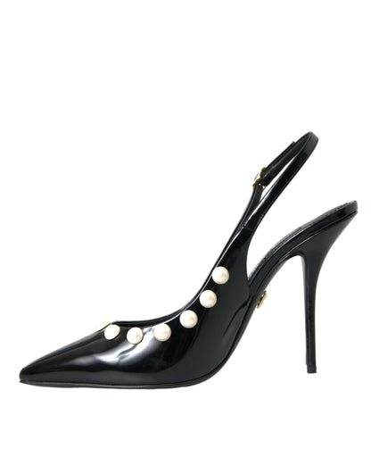 Dolce &amp; Gabbana Black Leather Faux Pearl Heel Slingback Shoes