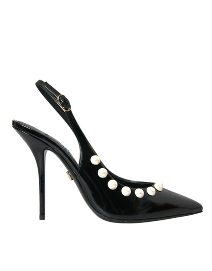 Dolce &amp; Gabbana Black Leather Faux Pearl Heel Slingback Shoes