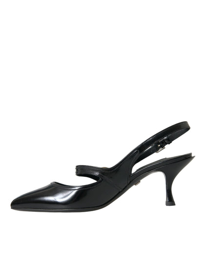 Dolce &amp; Gabbana Black Leather Embellished Slingbacks Shoes