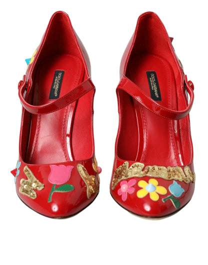 Dolce &amp; Gabbana Red Leather Embellished Mary Jane Pumps Heels Shoes