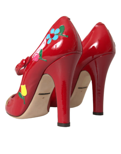 Dolce &amp; Gabbana Red Leather Embellished Mary Jane Pumps Heels Shoes