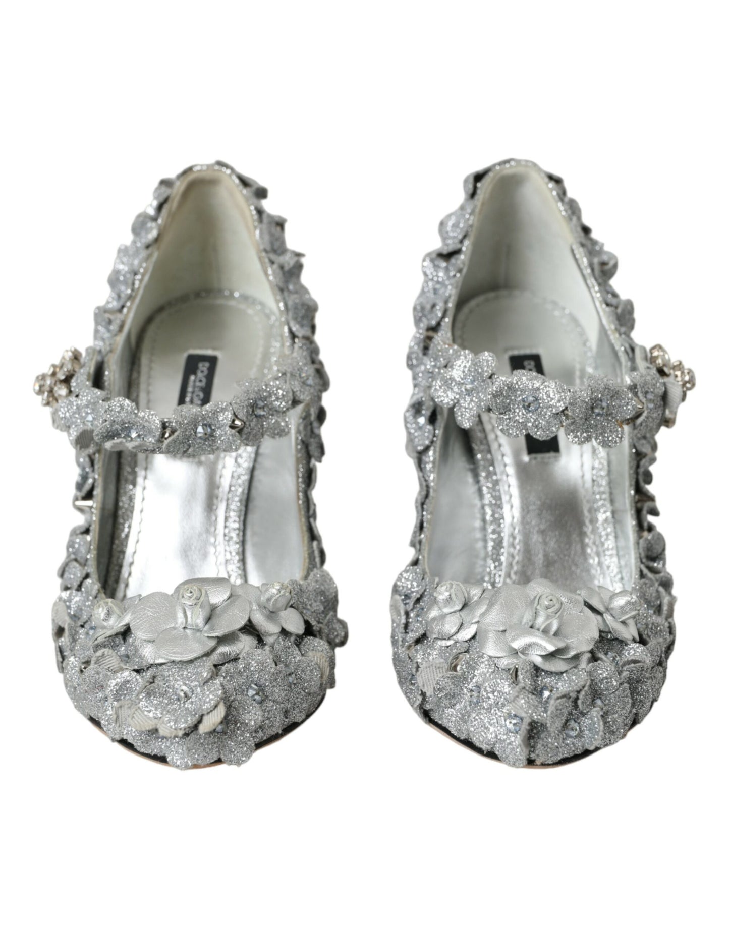 Dolce &amp; Gabbana Silver Floral Crystal Mary Jane Pumps Shoes