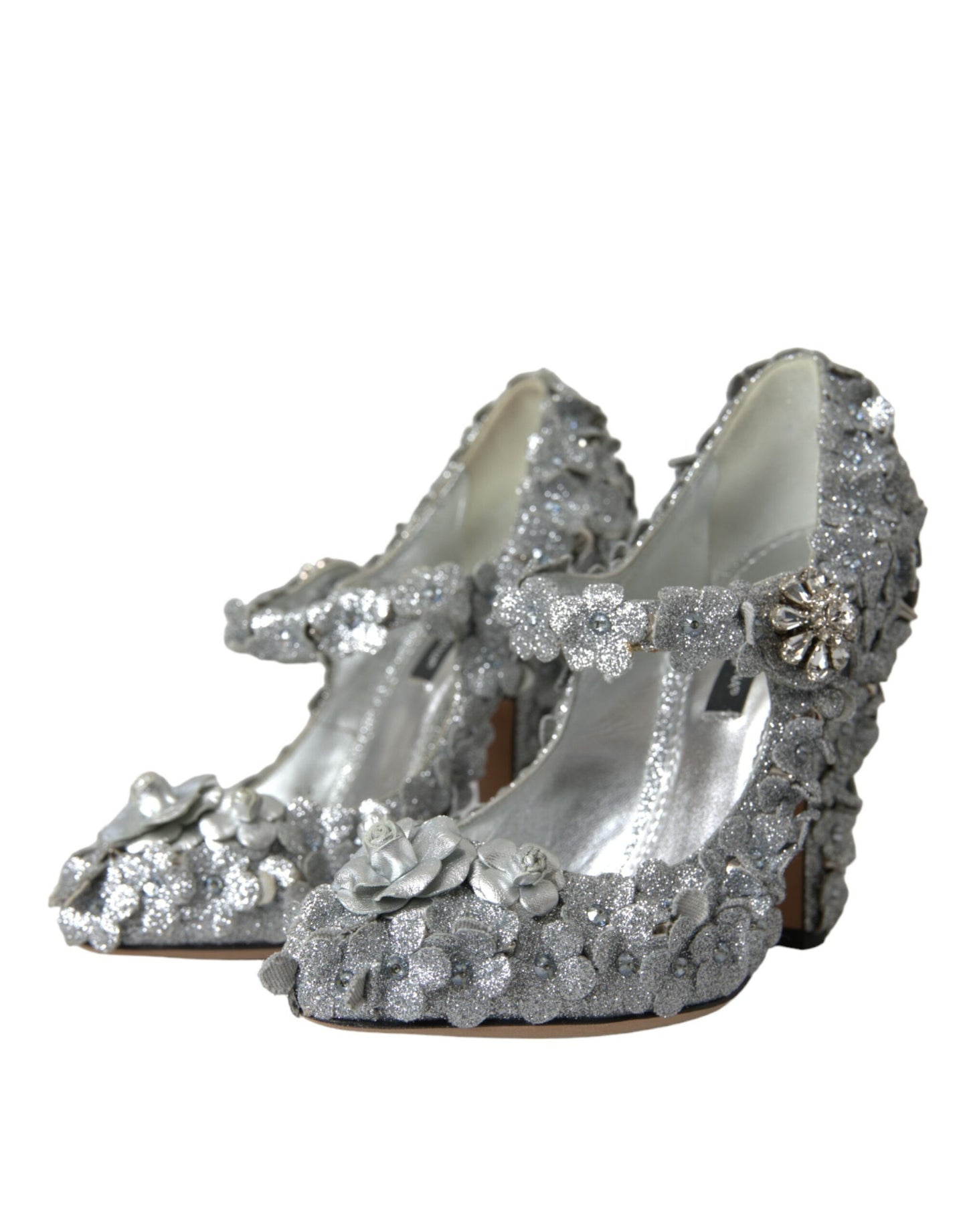 Dolce &amp; Gabbana Silver Floral Crystal Mary Jane Pumps Shoes