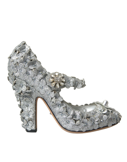 Dolce &amp; Gabbana Silver Floral Crystal Mary Jane Pumps Shoes