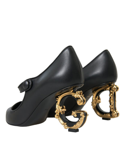 Dolce &amp; Gabbana Black Leather Logo Heels Mary Janes Pumps Shoes