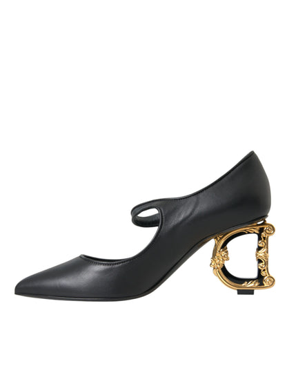 Dolce &amp; Gabbana Black Leather Logo Heels Mary Janes Pumps Shoes